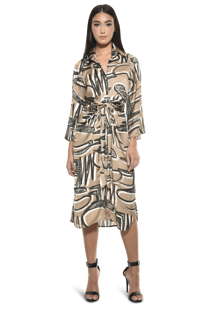 Jules Collared V Neck Tie Waist Print Midi Dress