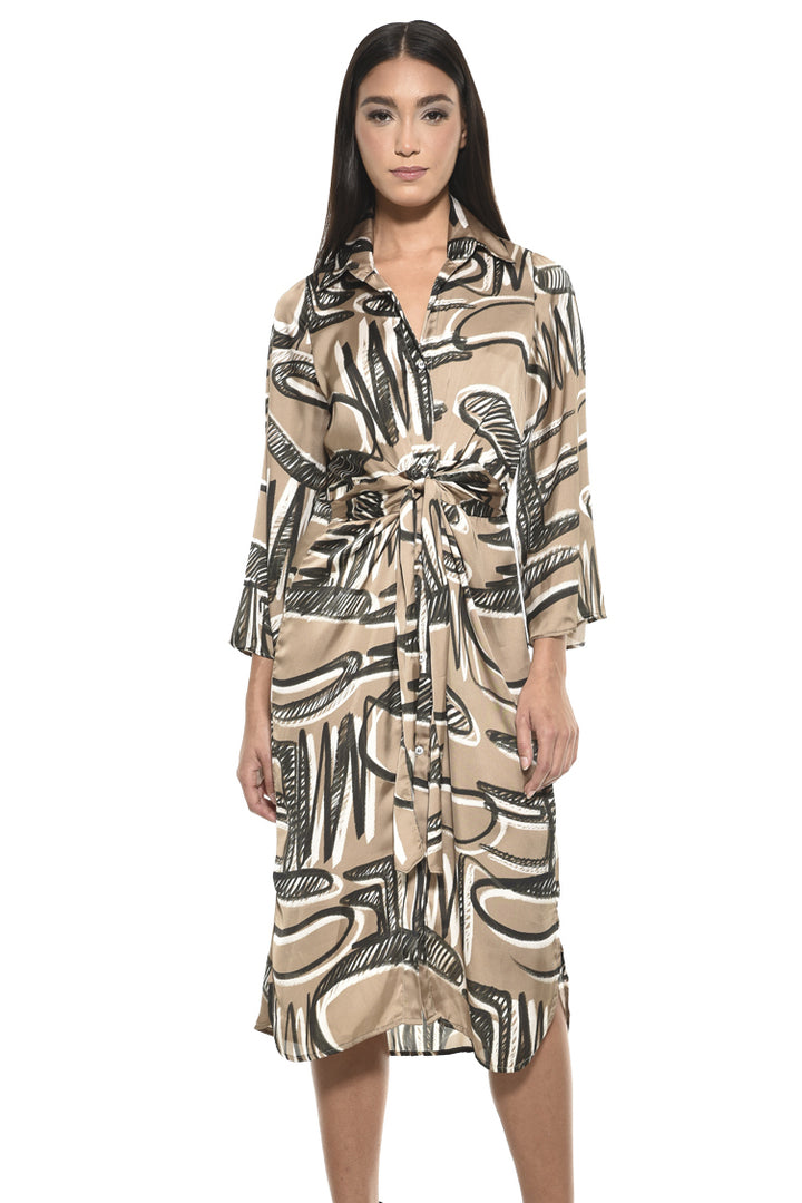 Jules Collared V Neck Tie Waist Print Midi Dress