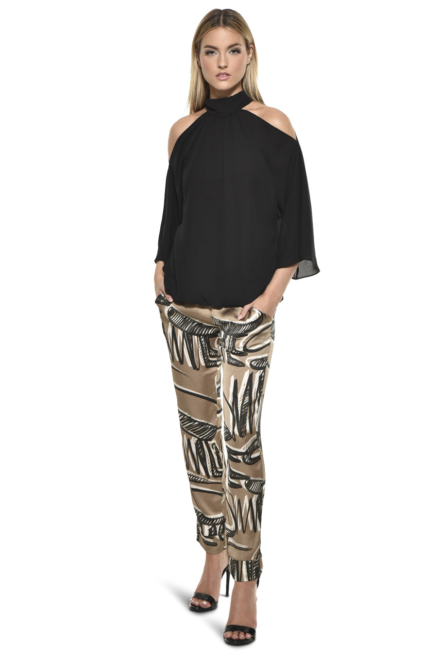 Ausi Cold Shoulder High Neck Blouse - Black
