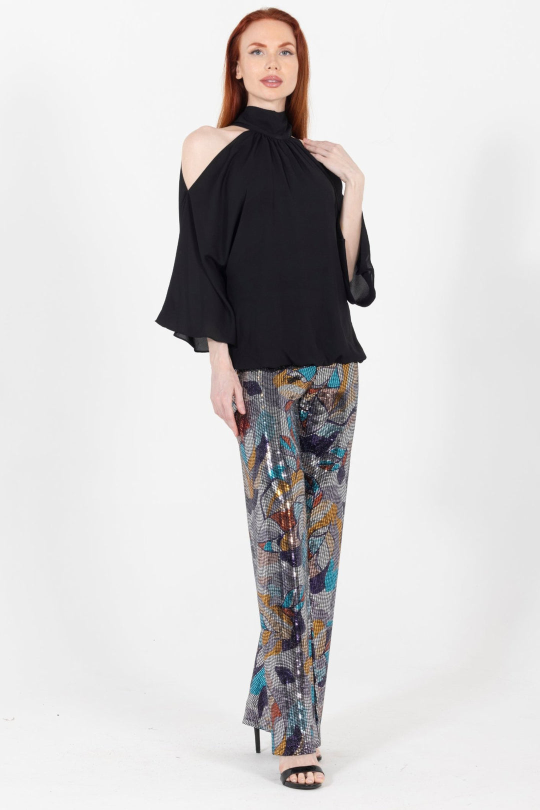 Ausi Cold Shoulder High Neck Blouse - Black