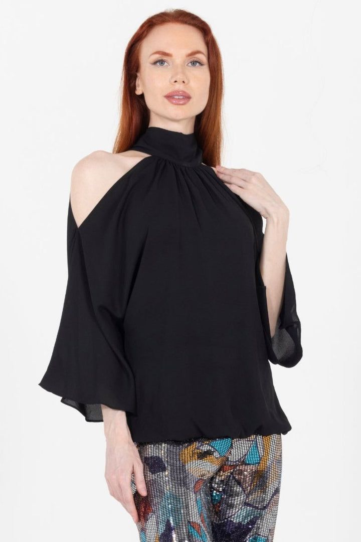 Ausi Cold Shoulder High Neck Blouse - Black