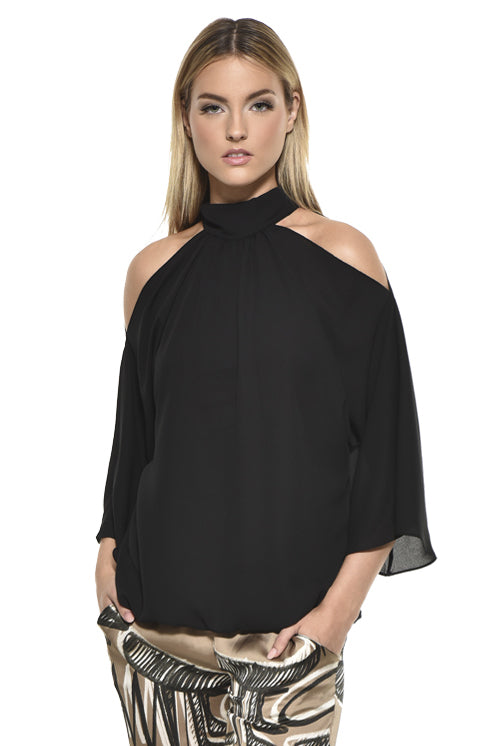 Ausi Cold Shoulder High Neck Blouse - Black