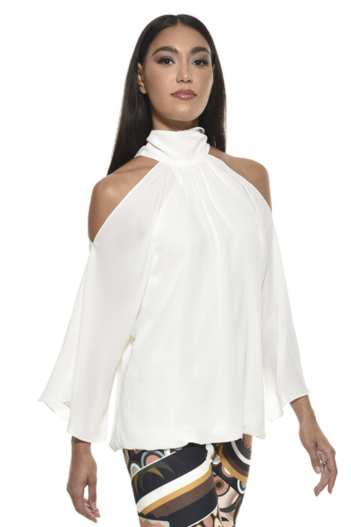 Ausi Cold Shoulder High Neck Blouse - White