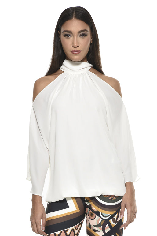 Ausi Cold Shoulder High Neck Blouse - White