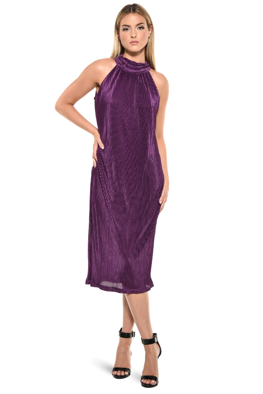 Gio Mock Neck Midi Dress - Purple Plisse