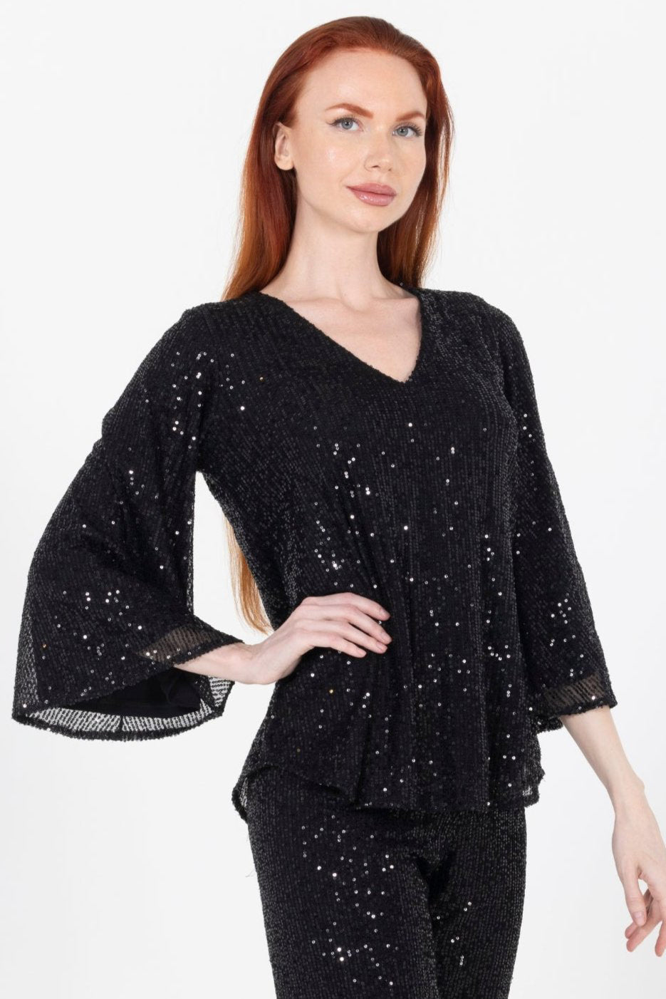 Aldi Sequin Flare Sleeve V Neck Top