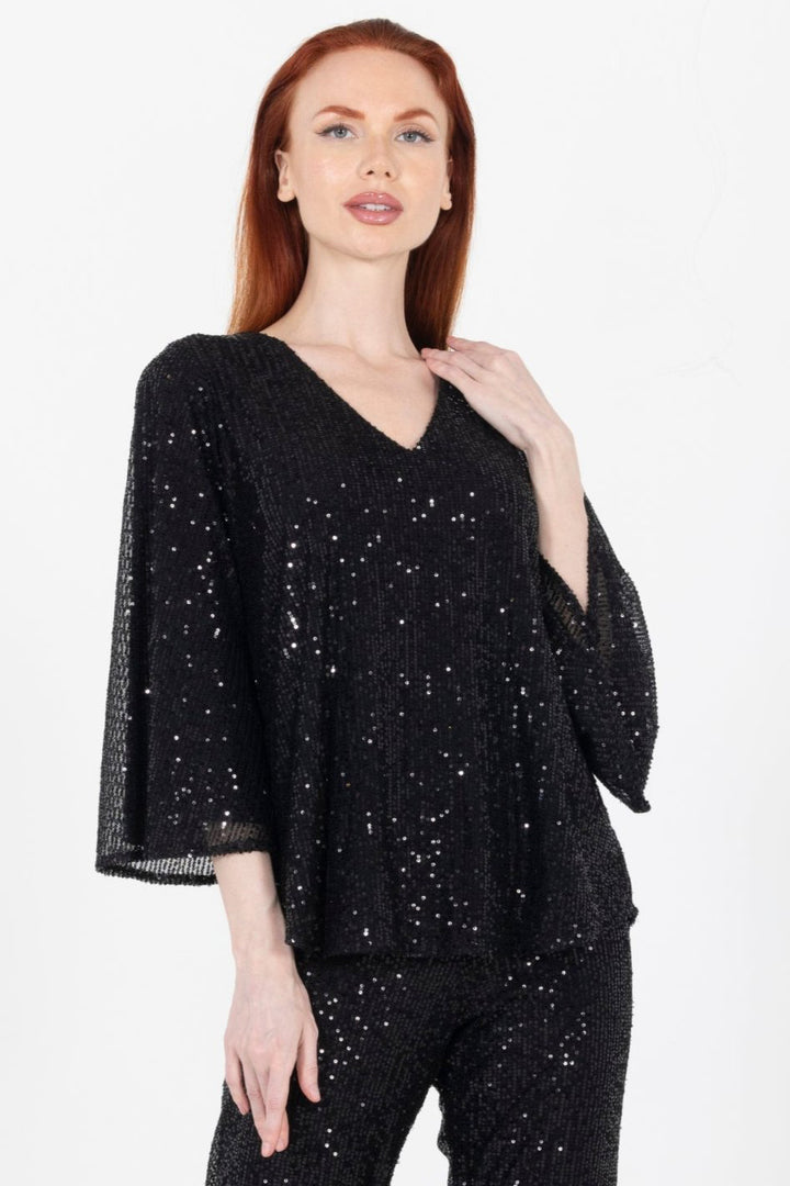 Aldi Sequin Flare Sleeve V Neck Top