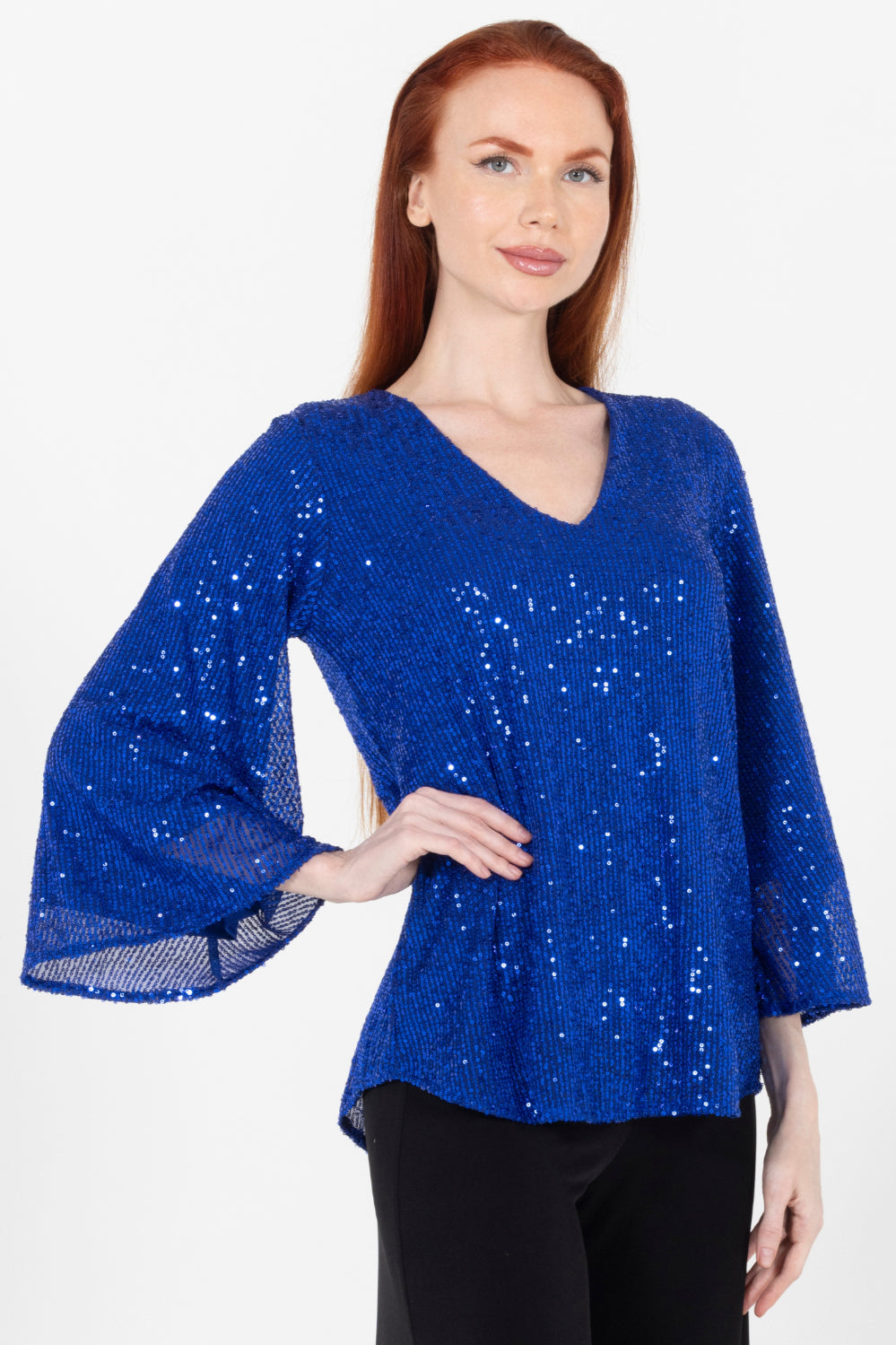 Aldi Sequin Flare Sleeve V Neck Top