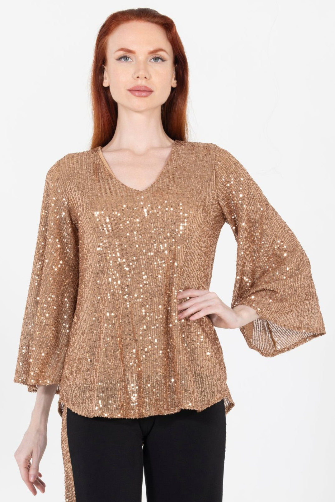 Aldi Sequin Flare Sleeve V Neck Top