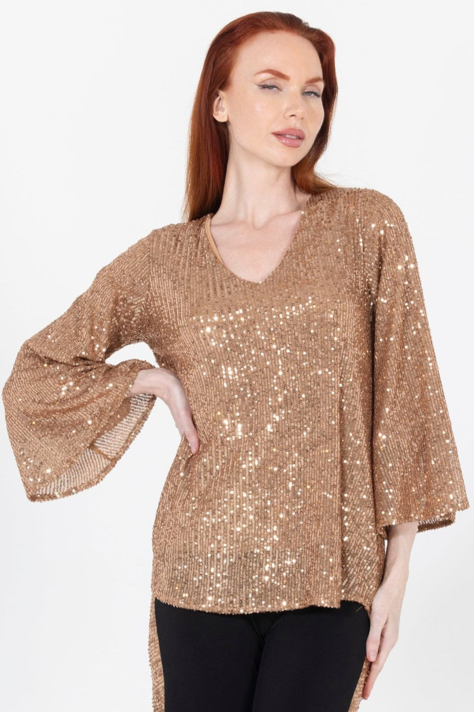 Aldi Sequin Flare Sleeve V Neck Top