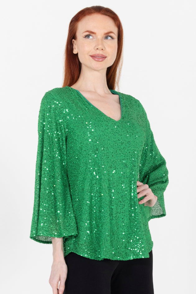Aldi Sequin Flare Sleeve V Neck Top