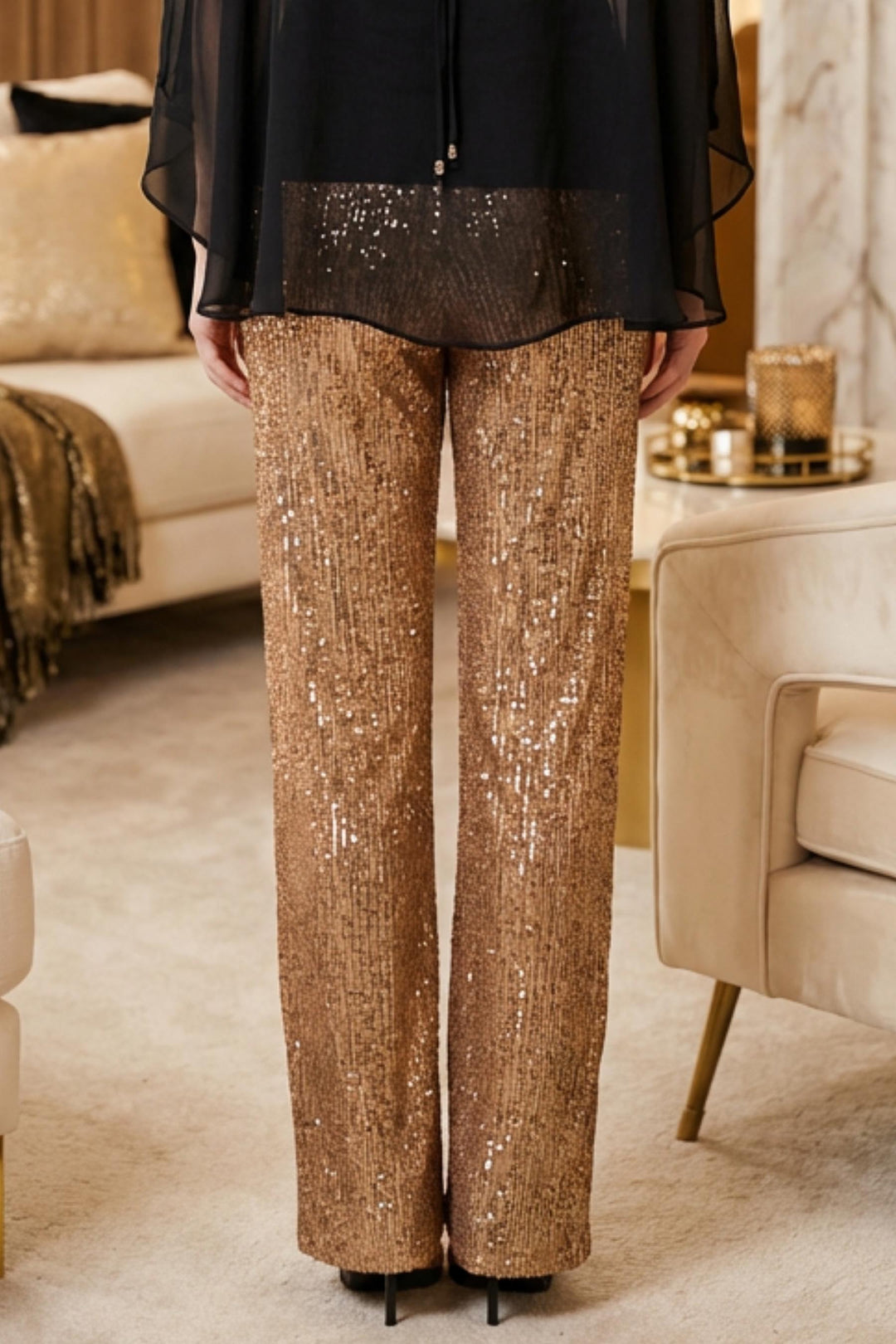Back view showing smooth fit of Marc Sequin Pants in Gold 