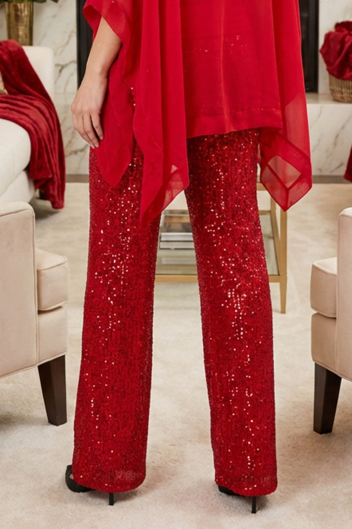 Back view showing smooth fit of Marc Sequin Pants in red
