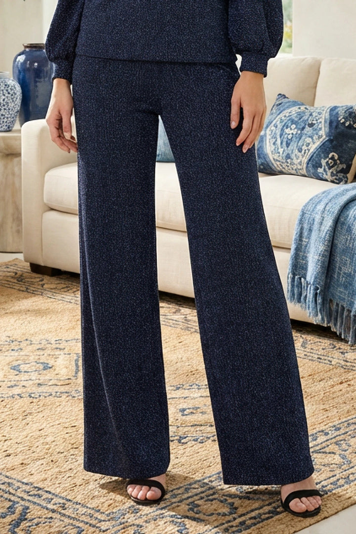 Front view of Midnight Pant with wide-leg shimmer.