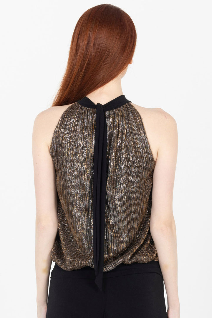Supreme metallic halter blouse in black and gold back view on White Background.
