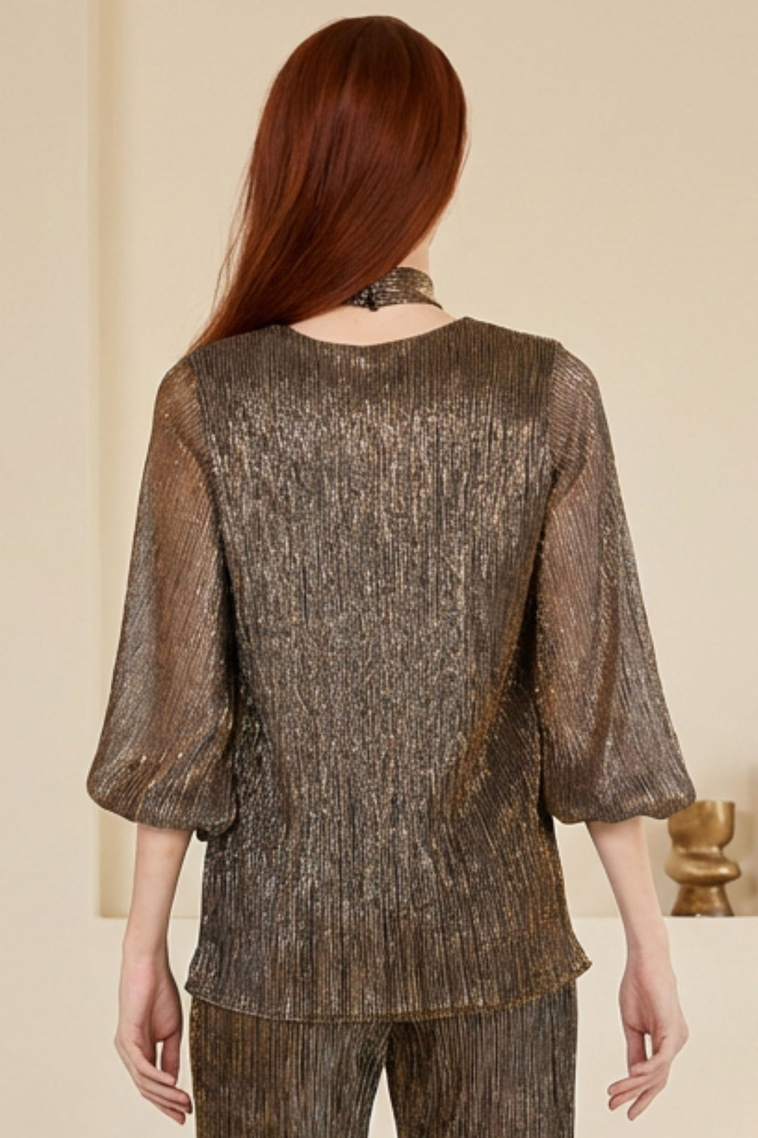 Audi Metallic Pleated Evening Top styled for a holiday cocktail event.