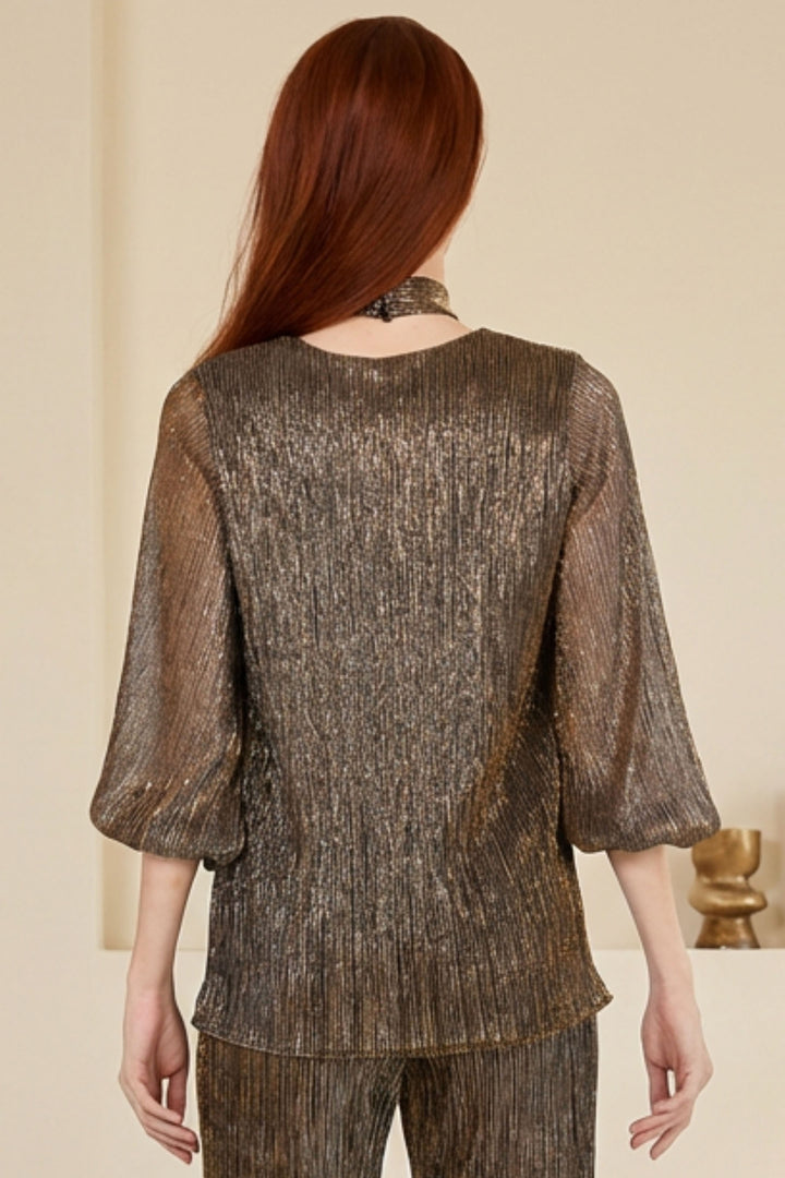 Audi Metallic Pleated Evening Top styled for a holiday cocktail event.