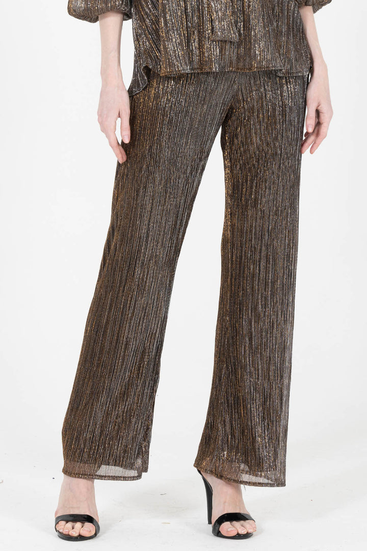 Edi Metallic Pleated Evening Pant Front view showing straight-leg drape.