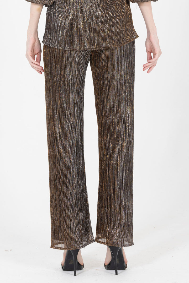 Edi Metallic Pleated Evening Pant back view showing straight-leg drape.