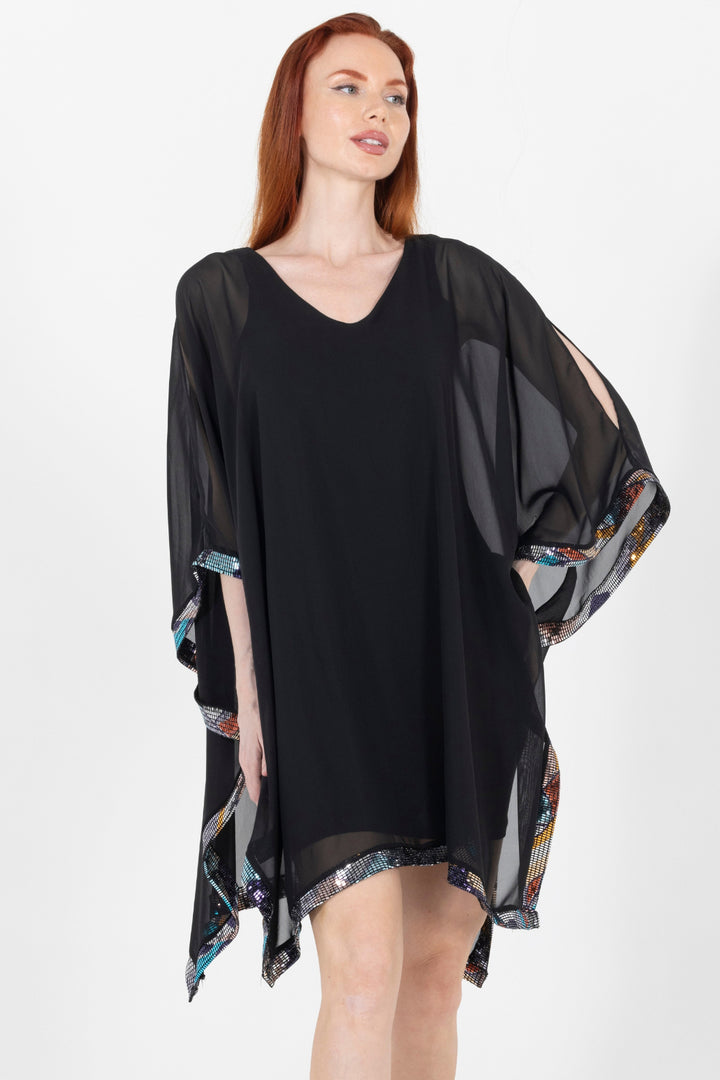 Julie Printed Luxe Trim V Neck Evening Dress