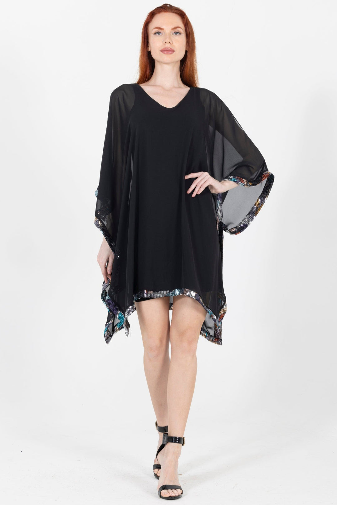 Julie Printed Luxe Trim V Neck Evening Dress