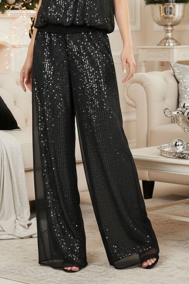 Sheer Layered Wide Leg Sequin Pant