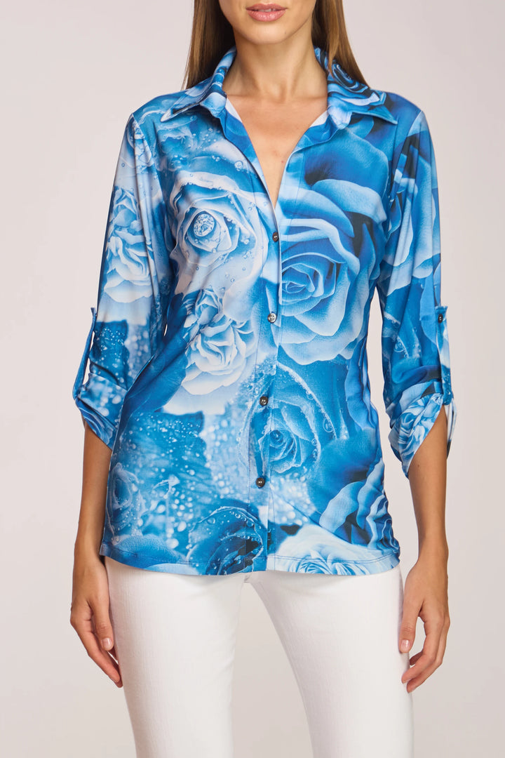 Spike Top Porto Print close up front collar and button detail
