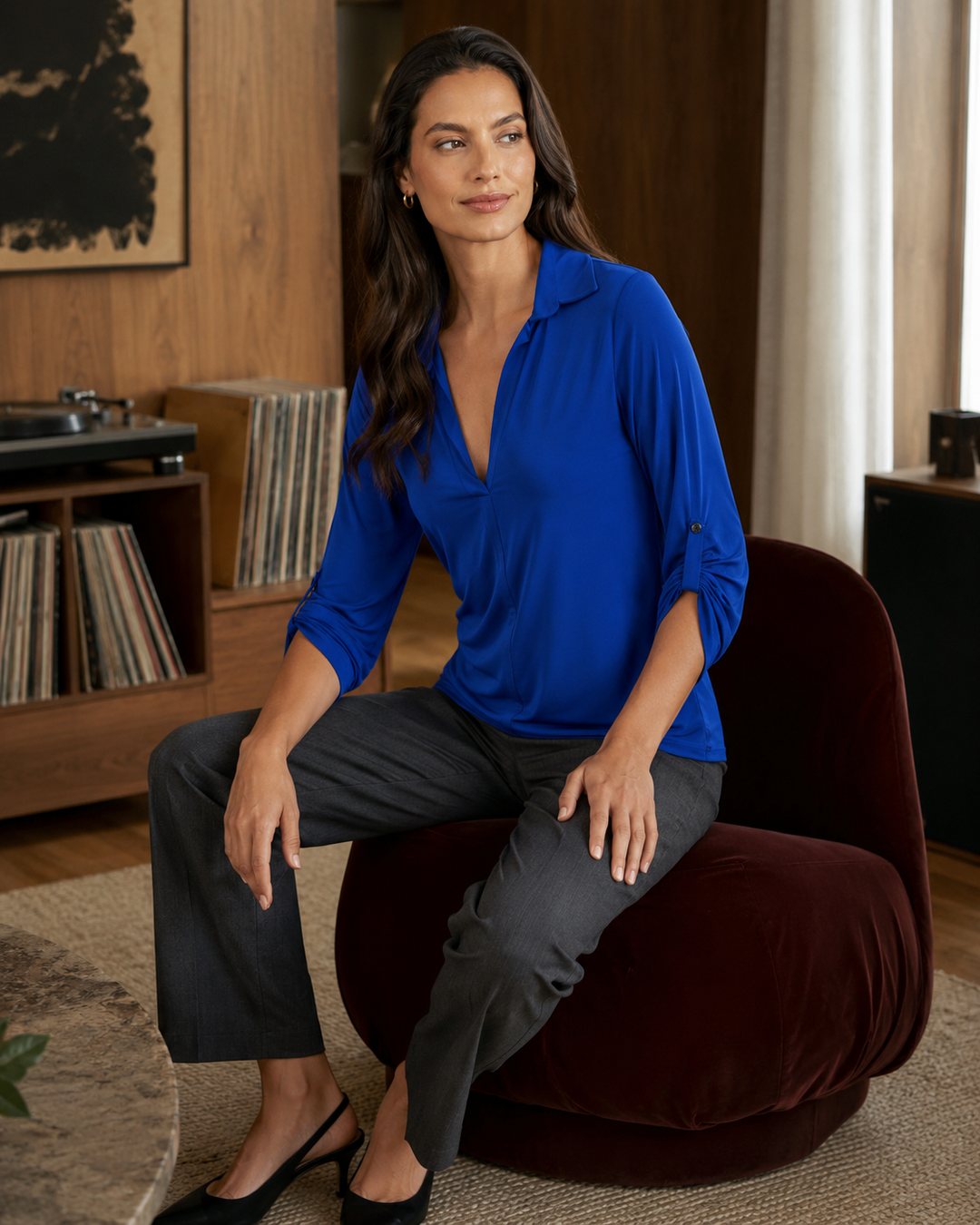 Spike V Neck Soft Collar Luxe Blouse