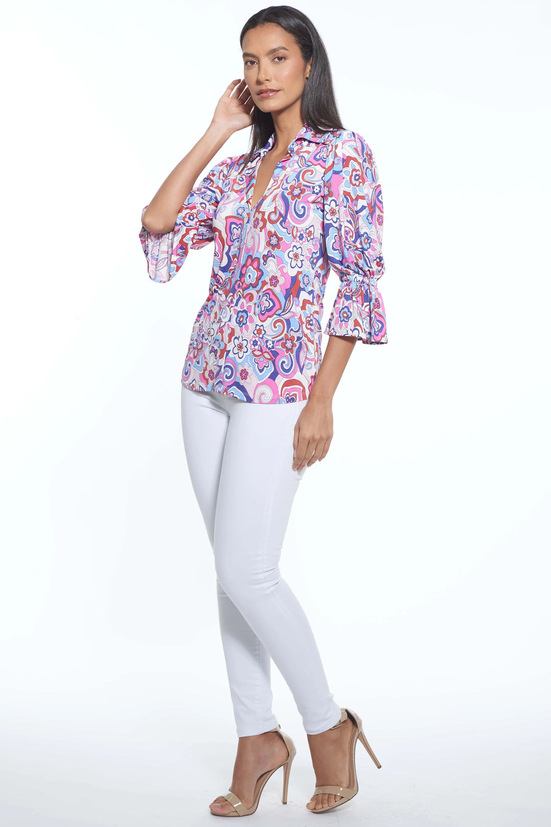 Oro Ruffled Sleeve Signature Print Top