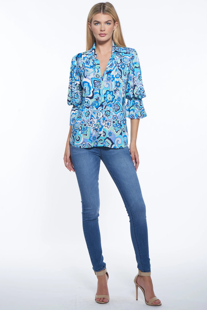 Oro Ruffled Sleeve Signature Print Top