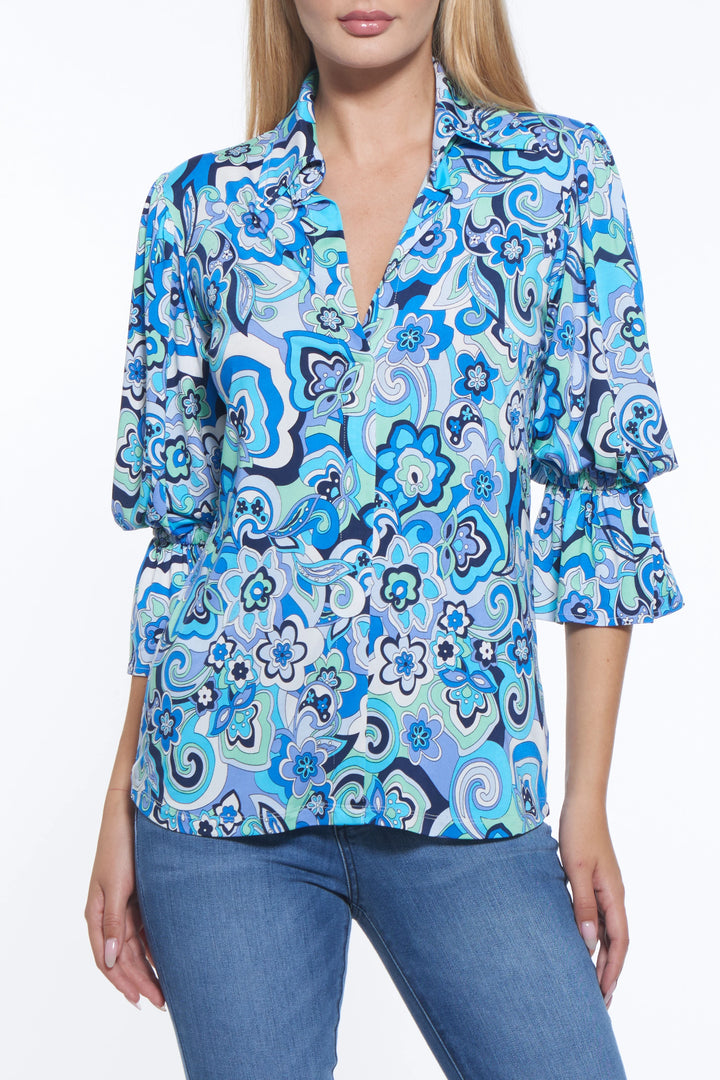 Oro Ruffled Sleeve Signature Print Top
