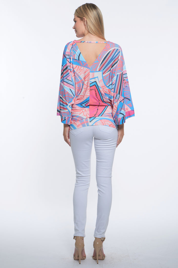 Edi Pop Print Kimono Sleeve V-Neck Top