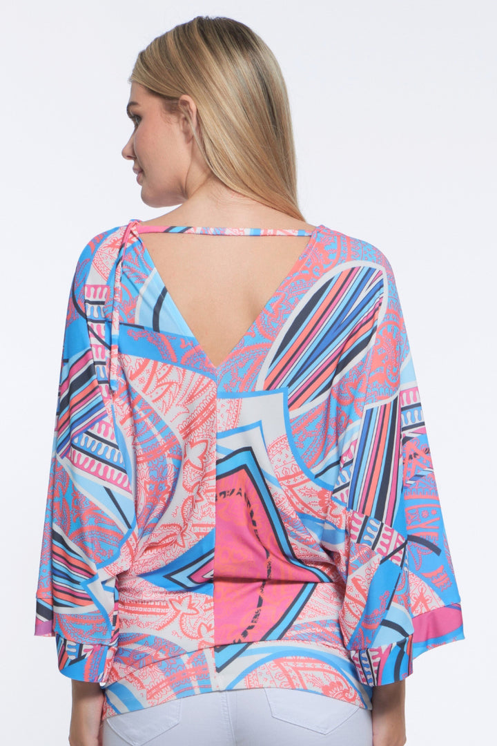 Edi Pop Print Kimono Sleeve V-Neck Top