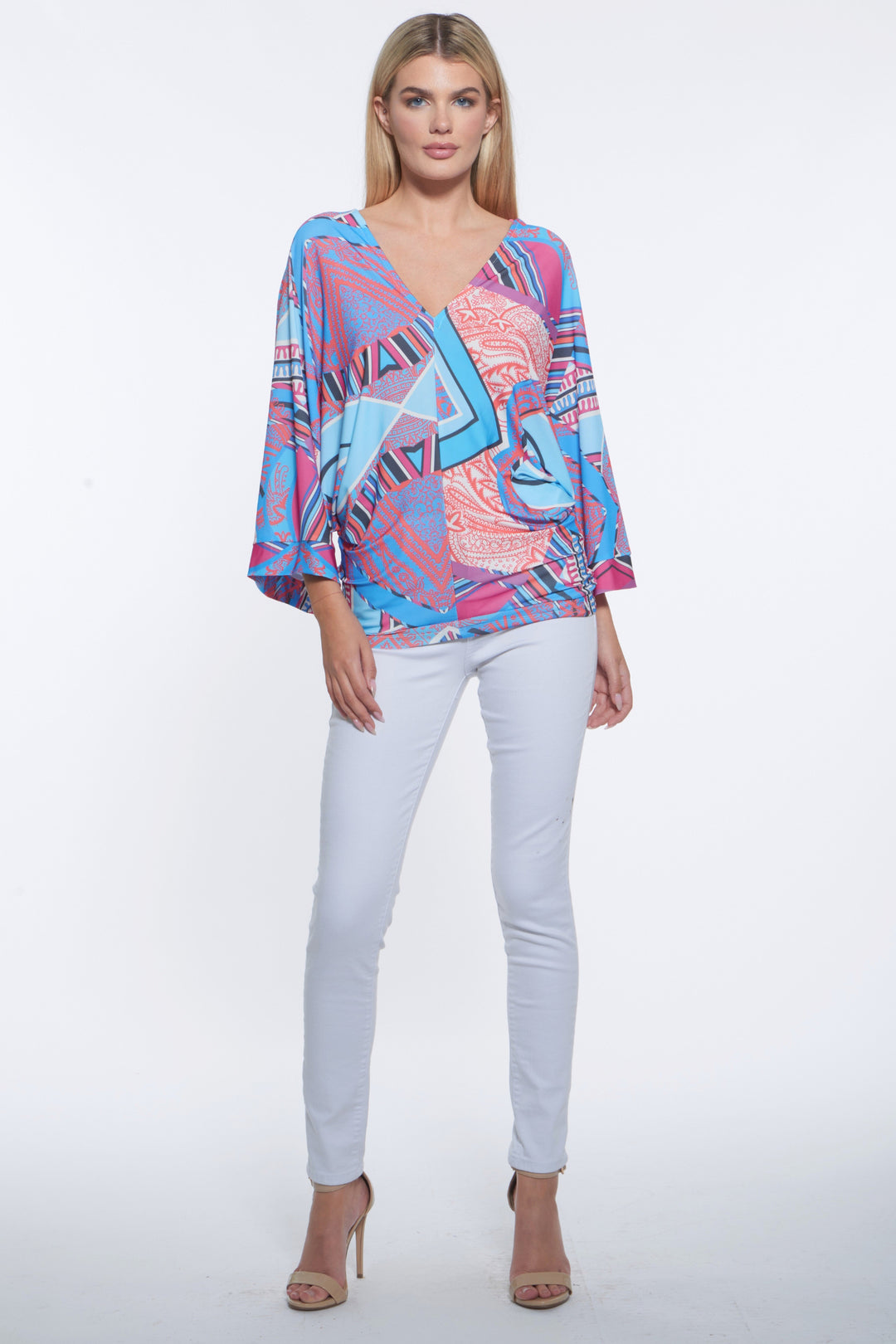 Edi Pop Print Kimono Sleeve V-Neck Top