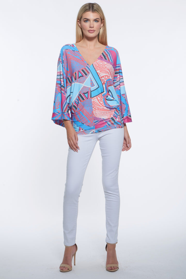 Edi Pop Print Kimono Sleeve V-Neck Top