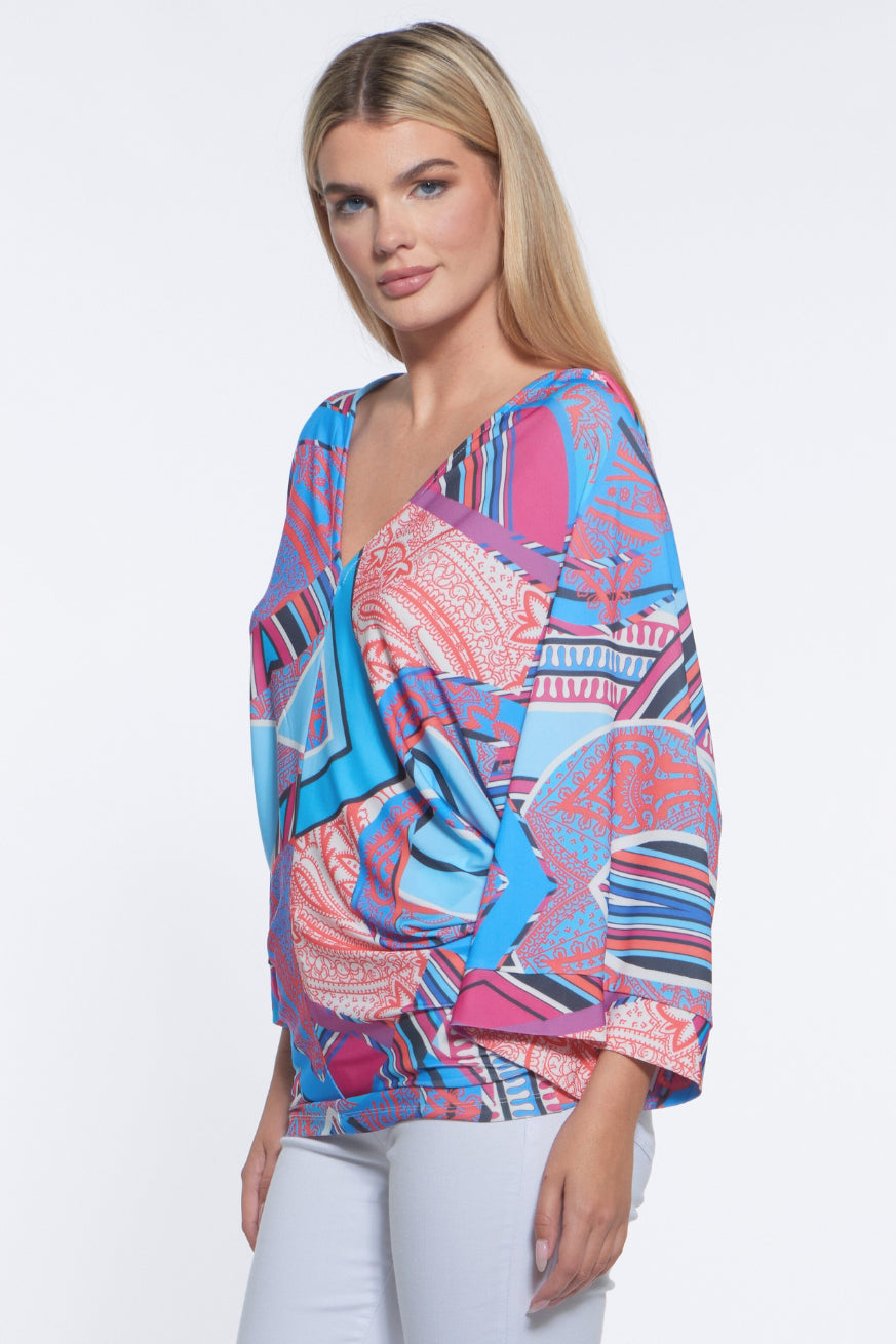 Edi Pop Print Kimono Sleeve V-Neck Top