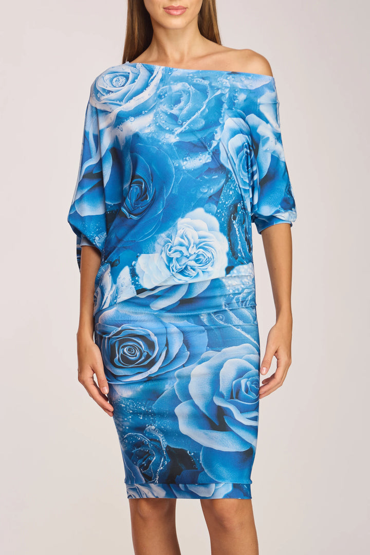 Mirtha Dress Porto Print close up front neckline and draped detail