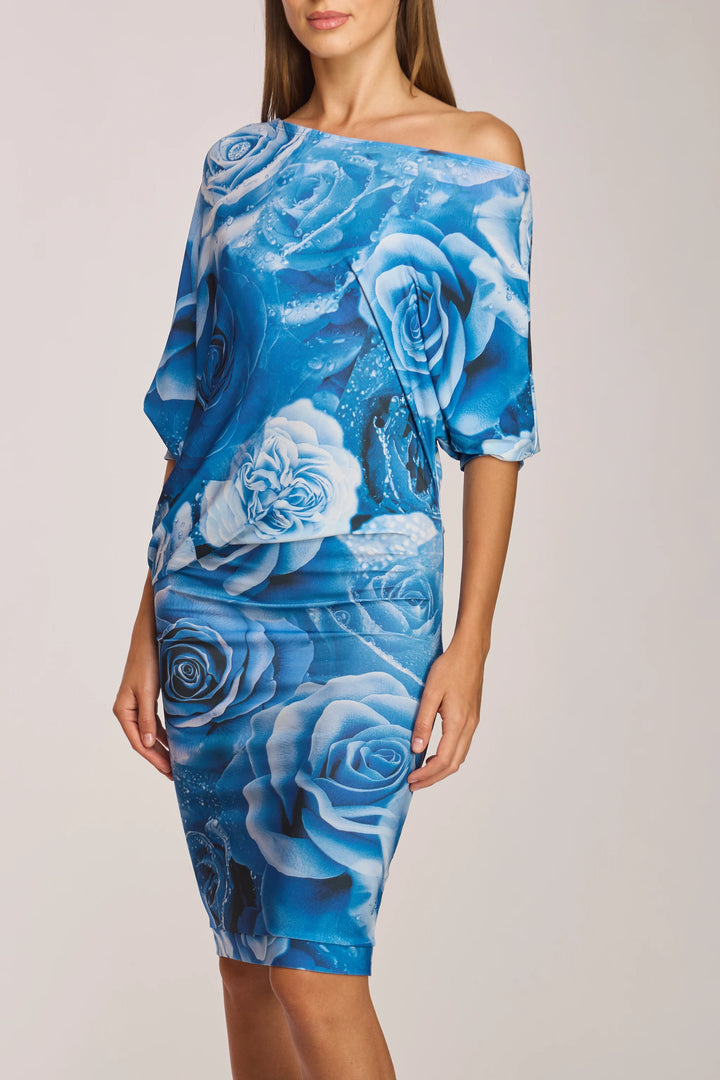 Mirtha Dress Porto Print close up side drape and movement detail