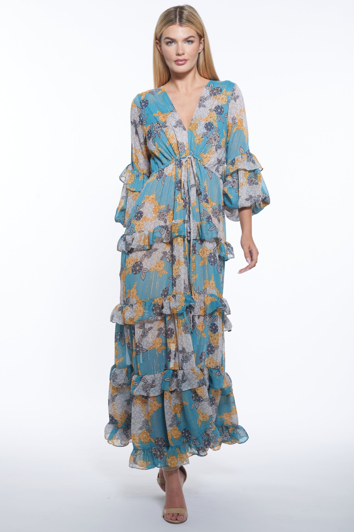 Lona Tiered Floral V-Neck Maxi Dress