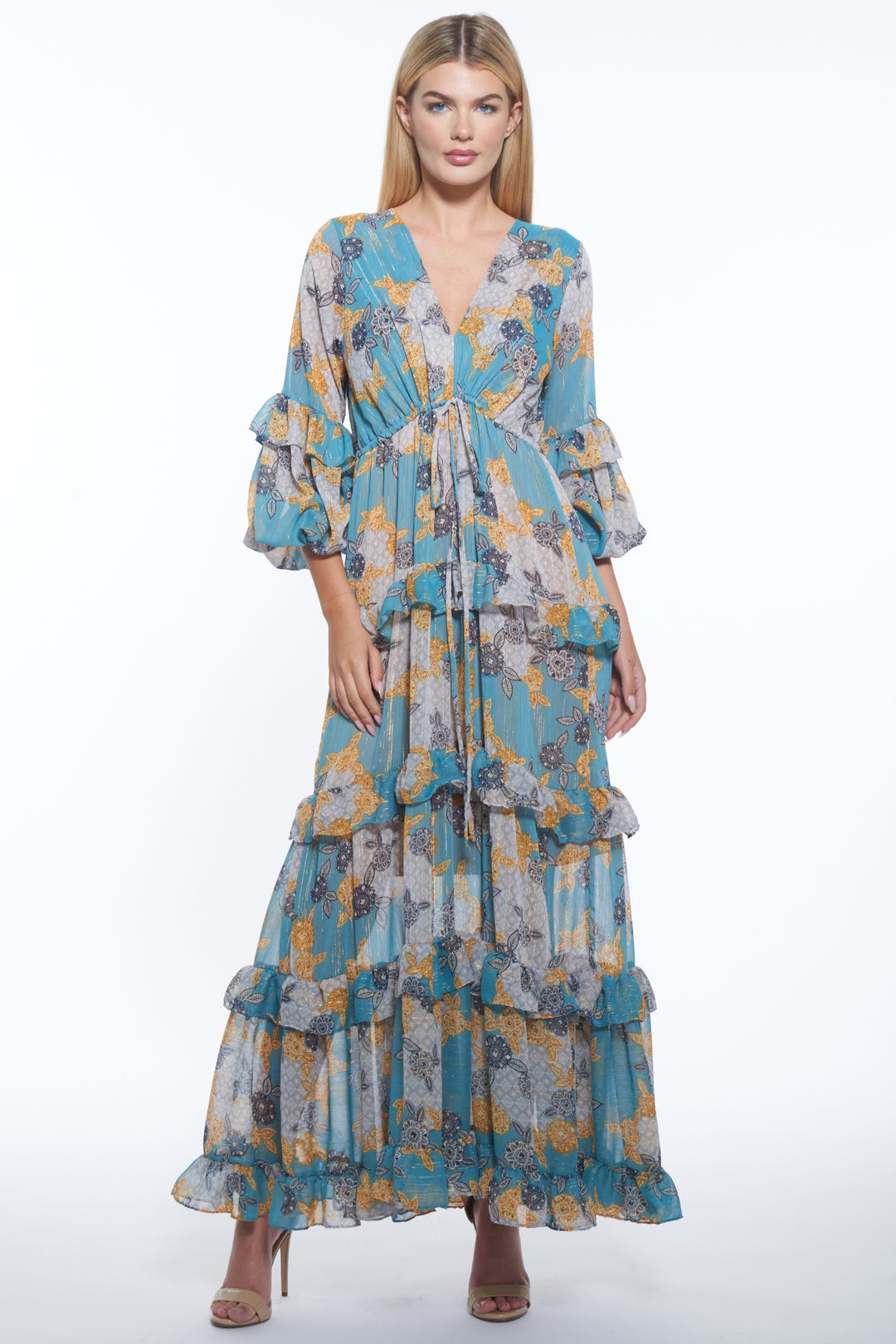 Lona Tiered Floral V-Neck Maxi Dress | Julian Chang Lona Tiered Floral V-Neck Maxi Dress | Julian Chang