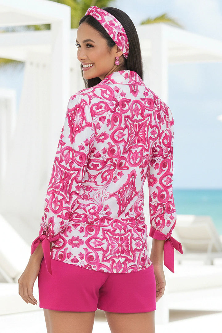 Back view of Amir Shirt showcasing Dolce print and relaxed fit with tie sleeves.