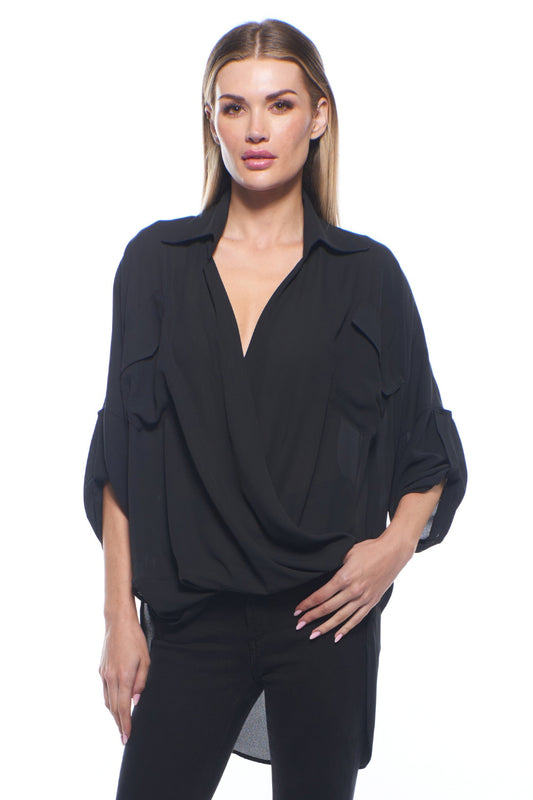 Tati Draped Collared V Neck Top