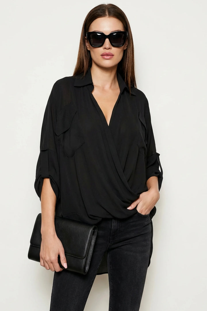 Tati Draped Collared V Neck Blouse