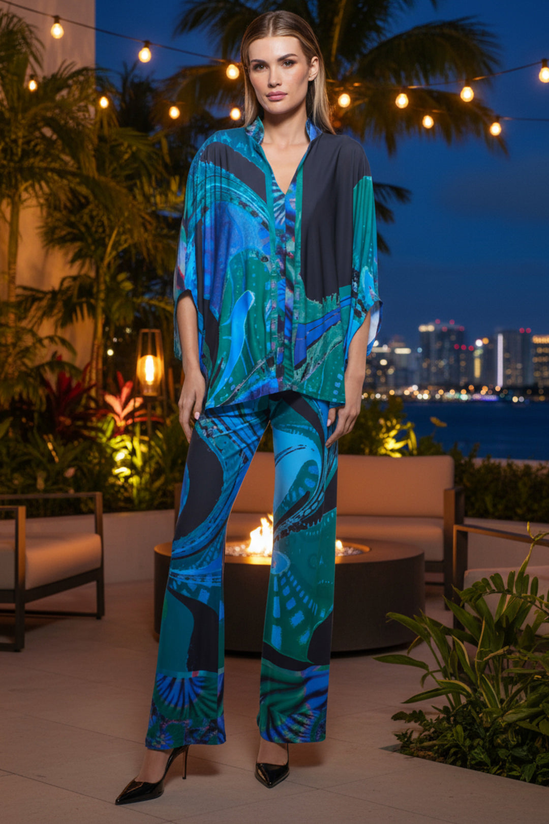 Daria Aquatic Print Flowing Button Down Top