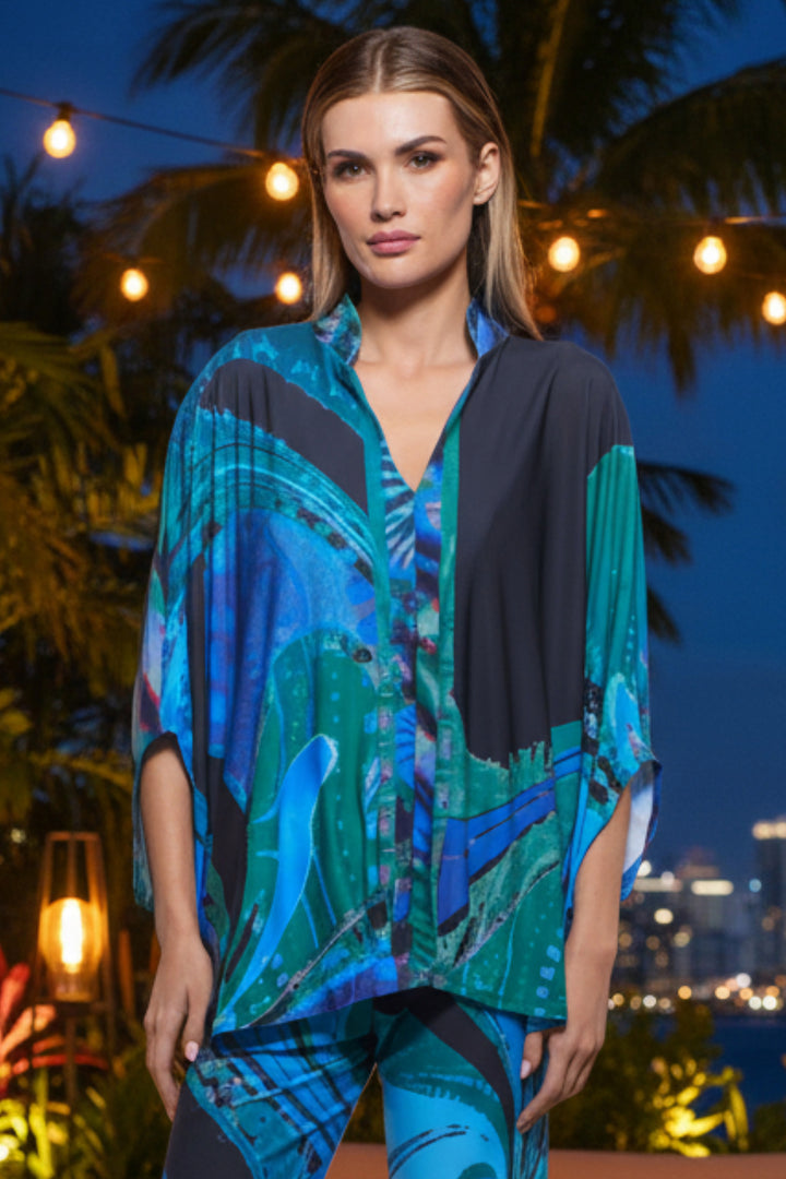 Daria Aquatic Print Flowing Button Down Top