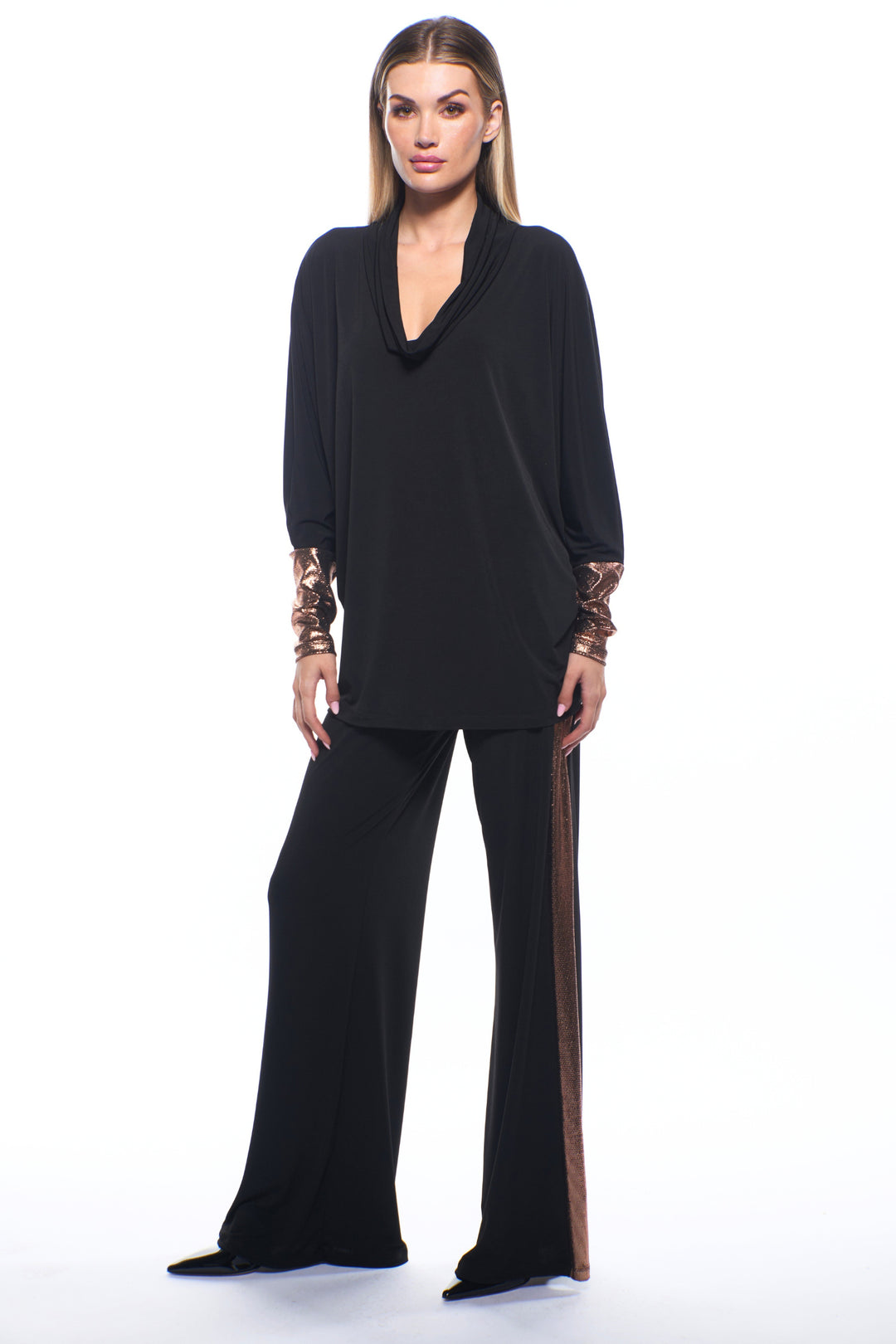Nora Metallic Mixed Media Wide Leg Pants