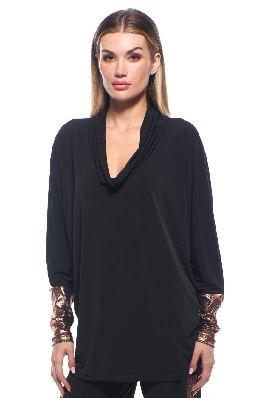 Vina Draped Neck Metallic Sleeve Top