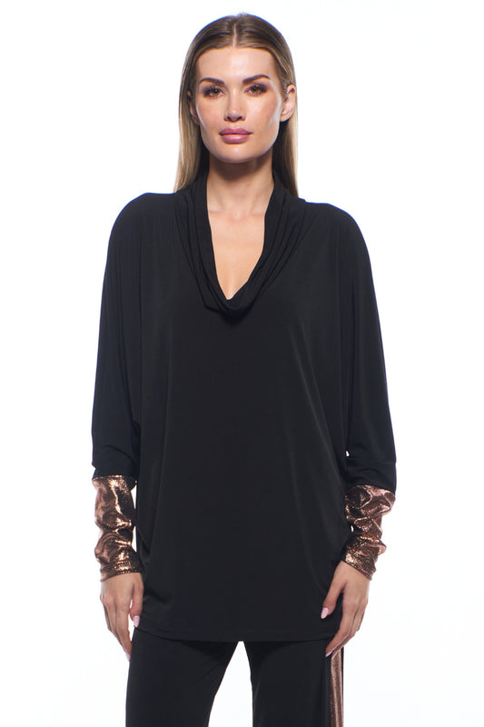 Vina Draped Neck Metallic Sleeve Top