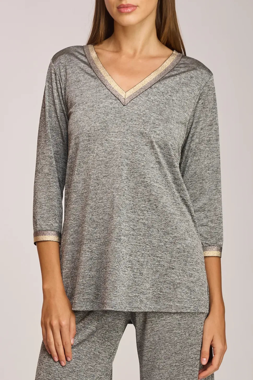 Villa V Neck Top North Print knit texture close up.