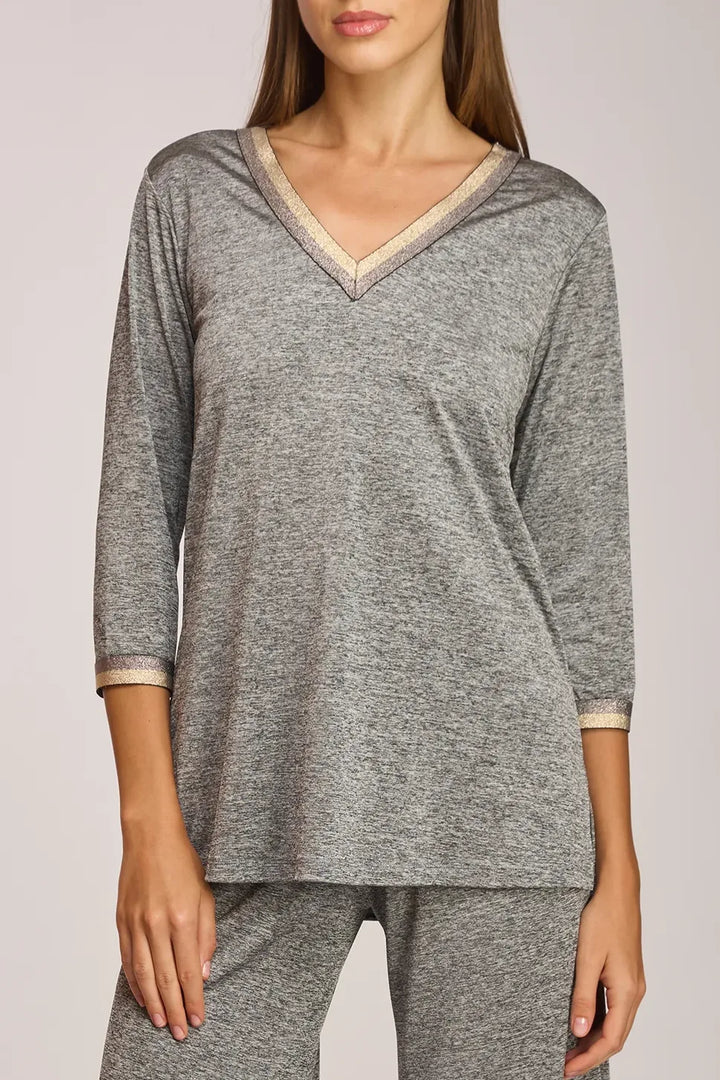 Villa V Neck Top North Print knit texture close up.